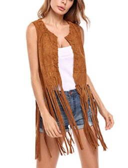 Hotouch Women Fringe Vest Faux Suede Tassels 70s Hippie Clothes Open-Front Sleeveless Vest Cardigan Female