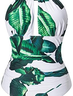 I2CRAZY Womens Deep V Neck Halter Backless Tankini Swimsuit Mid Rise Ruched Tie Back Tummy Control Two Piece Bathing…