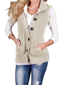 Imily Bela Women's Cable Knit Sleeveless Hoodies Button Down Sweater Vest with Pockets