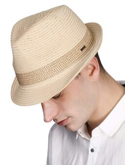 Jeff & Aimy Mens Panama Straw Fedora Trilby Summer Beach Sunhat Short Brim Cuban Jazz Cap Foldable Beige 56-58CM