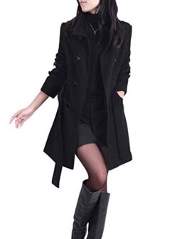 Jenkoon Women's Winter Double Breasted Stand Collar Button Pea Coat Trench Coat with Belt