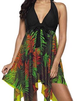 Jouplsar Women's Two Piece Swimdress Swimsuit Mesh Printed Tankini Set Bathing Suits Dress Tummy Control