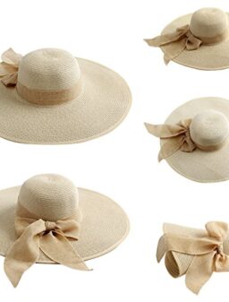 JOYEBUY Women Big Bowknot Straw Hat Floppy Foldable Roll up UV Protection Beach Cap Sun Hat