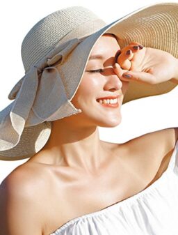Lanzom Womens 5.5 Inches Big Bowknot Straw Hat Large Floppy Foldable Roll up Beach Cap Sun Hat UPF 50+