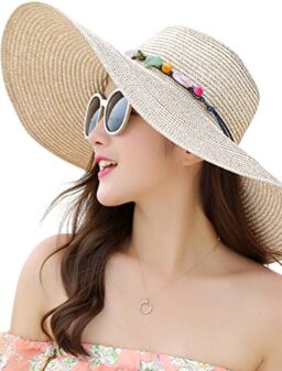 Lanzom Womens Wide Brim Summer Straw Hat Floppy Foldable Roll up Cap Beach Sun Hats UPF 50+