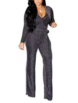 LightlyKiss Women Casual Sexy V Neck Sparkly Jumpsuits Long Sleeve Onesie Loose Pants Party Clubwear with Belt