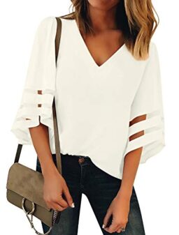 LookbookStore Women's V Neck Mesh Panel Blouse 3/4 Bell Sleeve Loose Top Shirt
