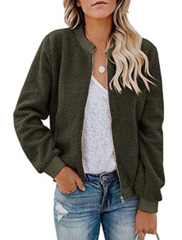 MIROL Women's Sherpa Fleece Jacket Faux Fuzzy Long Sleeve Casual Zip Up Bomber Coat