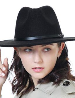 Black Fedora Hats for Women Classic Wide Brim Fedora Hat with Belt Buckle Felt Panama Hat