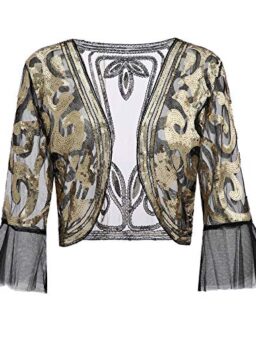 Metme Sequin Jacket Open Front Glitter Cropped Bolero Shrug 2/3 Length Bell Sleeves Lace Cardigan