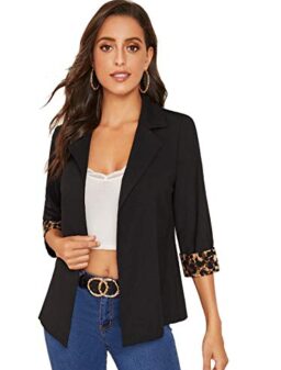 Milumia Women's Open Front Leopard Print Cuffed Half Sleeve Blazer Jacket Black X-Small