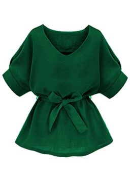 Milumia Women's Casual V Neckline Self Tie Short Sleeve Work Blouse Tunic Tops
