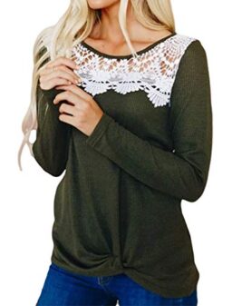 Miselon Womens Waffle Knit Twist Knot Tops Long Sleeve Crochet Lace Shirt Blouse