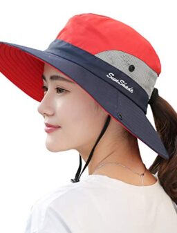 Womens Summer Mesh Wide Brim Sun UV Protection Hat with Ponytail Hole