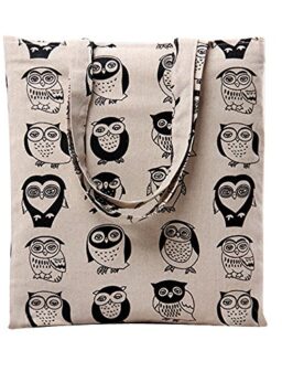 Nuni Women's Cute Owl Print Cotton Canvas Tote Bag, Black Owl/ No Closure, Medium