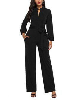 Ophestin Womens Long Sleeve Jumpsuit for Work Wide Leg Pants Rompers with Belt