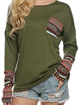 POGTMM Women's Fall Long Sleeve Tops O-Neck Patchwork Basic T-Shirts Blouse Tunic Tops with Thumb Holes
