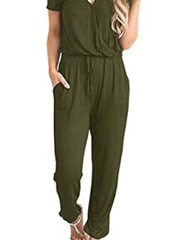 PRETTYGARDEN Women's Summer Casual Deep V Neck Short Sleeve Wrap Drawstring Waist Jumpsuit Romper