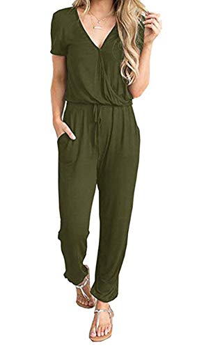 PRETTYGARDEN Women's Summer Casual Deep V Neck Short Sleeve Wrap Drawstring Waist Jumpsuit Romper