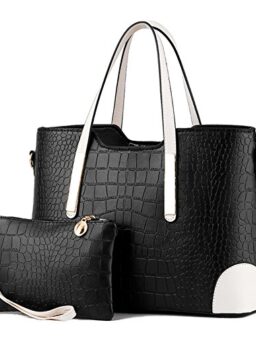 Pahajim PU leather women top handle satchel handbags tote purse Crocodile handbag (black)