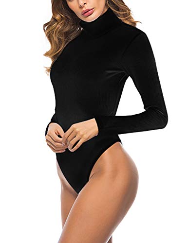 Queen.M Women's Basic Solid Bodysuit Turtleneck Leotard Top Long Sleeve Bodycon Jumpsuit Stretchy Romper - Image 3