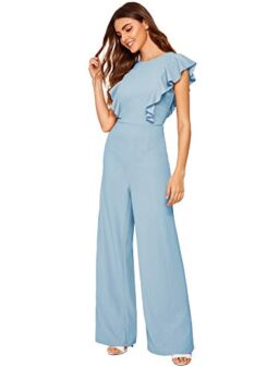 Romwe Women's Sexy Casual Sleeveless Ruffle Trim Wide Leg High Waist Long Jumpsuit Baby Blue X-Small