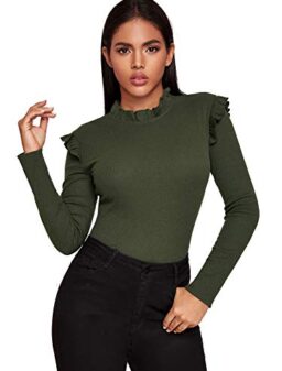 Romwe Women's Stand Collar Slim Fit Frilled Ruffles Shoulder Solid Keyhole Blouse Top