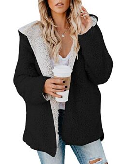 ReachMe Womens Oversized Sherpa Jacket Fuzzy Fleece Teddy Coat with Pockets Open Front Hooded Cardigan