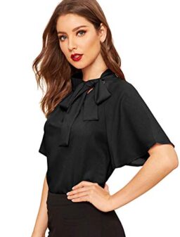 SheIn Women's Casual Side Bow Tie Neck Short Sleeve Blouse Shirt Top