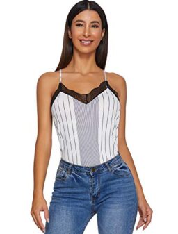 SheIn Women's V Neck Sleeveless Lace Trim Spaghetti Strap Camisole Cami Tank Top