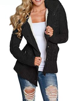 Sidefeel Women Hooded Knit Cardigans Button Cable Sweater Coat