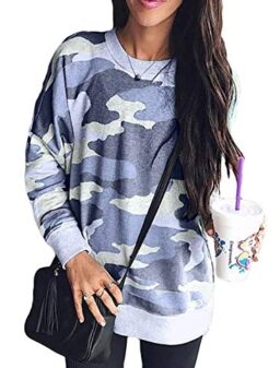 Sidefeel Women Long Sleeve Crewneck Pullover Camo Print Sweatshirt Jumper Top