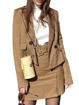 Sollinarry Women's 2 Piece Plaid Suits Set Double Breasted Blazer Jacket Mini Pencil Skirt