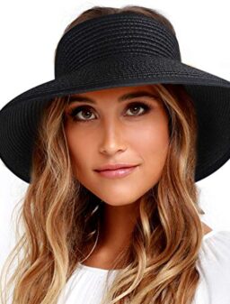 FURTALK Sun Visor Hats for Women Wide Brim Straw Roll Up Ponytail Summer Beach Hat UV UPF Packable Foldable Travel