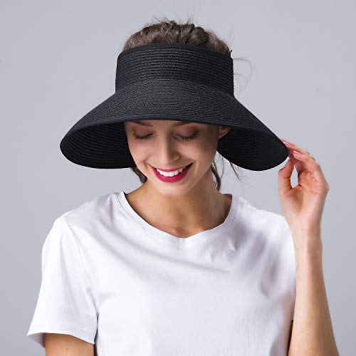 FURTALK Sun Visor Hats for Women Wide Brim Straw Roll Up Ponytail Summer Beach Hat UV UPF Packable Foldable Travel - Image 6
