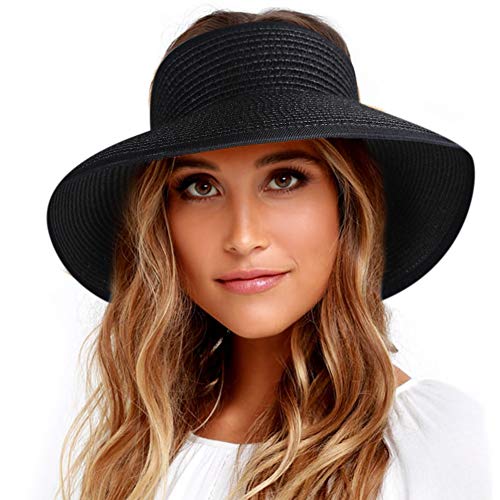 FURTALK Sun Visor Hats for Women Wide Brim Straw Roll Up Ponytail Summer Beach Hat UV UPF Packable Foldable Travel