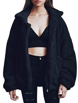 TEMOFON Women's Coat Casual Fleece Fuzzy Faux Shearling Fluffy Jackets Winter Long Sleeve Zip Up Outwear with Pockets S…