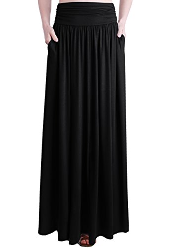 TRENDY UNITED Women's Rayon Spandex High Waist Shirring Maxi Skirt with Pockets