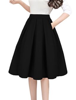 Tandisk Women's Vintage A-line Printed Pleated Flared Midi Skirt with Pockets