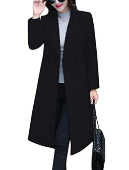 Tanming Women's Notch Lapel Double Breasted Wool Blend Mid Long Pea Trench Coat (Black, X-Small)