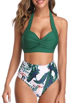Tempt Me Women Two Piece Vintage Swimsuit Retro Halter Ruched High Waist Bikini with Bottom