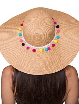 Womens Beach Straw Sun Hat with Pom Pom Floppy Brim - Foldable for Summer Outdoors