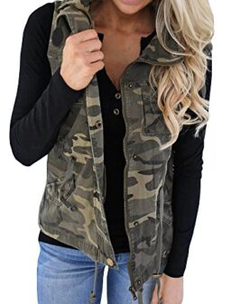 Tutorutor Womens Military Safari Camo Vest Utility Lightweight Sleeveless Hooded Drawstring Jackets with Pockets