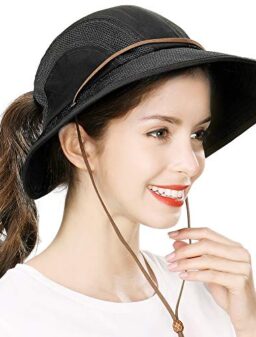 Ponytail Fishing Bucket Sun Hat for Women UV Protection Packable Foldable Wide Brim SPF Hunting Ladies Safari Black M