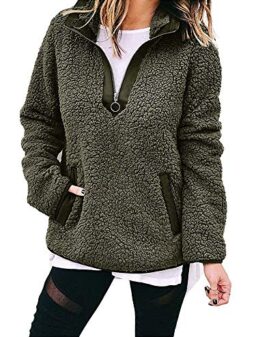 Uni Clau Womens Fleece Sherpa Fuzzy Half Zipper Long Sleeve Pullover Fashion Sweatshirt Coat Winter Outwear with Pockets…