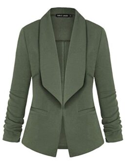 Unifizz Womens Casual Blazer Pocktes Open Front Cardigan Work Office Jacket 3/4 Sleeve, Army Green, Small
