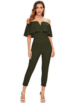 Verdusa Women's Elegant Off Shoulder Ruffle High Waist Long Jumpsuit Army Green XS