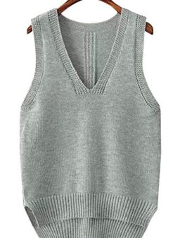 Vocni Women's Deep V-Neck Sleeveless Mid-Length Pullover Knit Sweater Vest,Grey,One Size