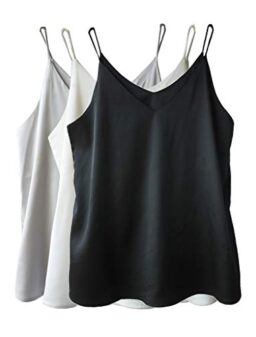 Wantschun Womens Silk Satin Camisole Cami Plain Strappy Vest Top T-Shirt Blouse Tank Shirt V-Neck Spaghetti Strap XXS…