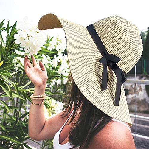 Womens Beach Straw Hat UPF 50 Wide Brim Sun Blocking Hat Foldable Summer Hat for Travel Floppy Sun Hat Women, Beige-a… - Image 5